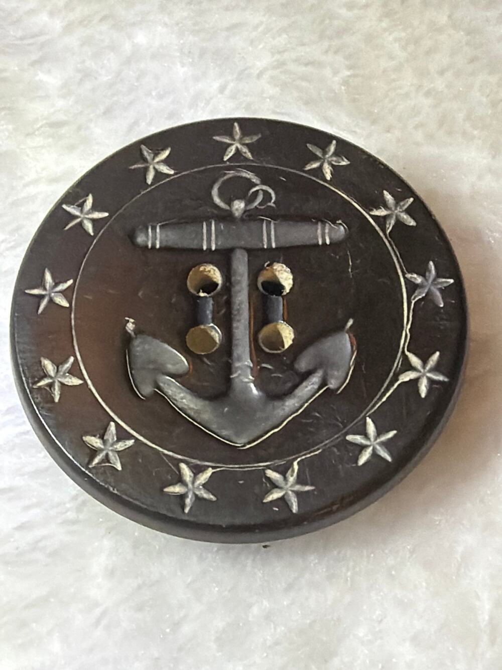 Vintage Black Anchor Nautical Button Metal Inlay Stars A W R Co Military Style